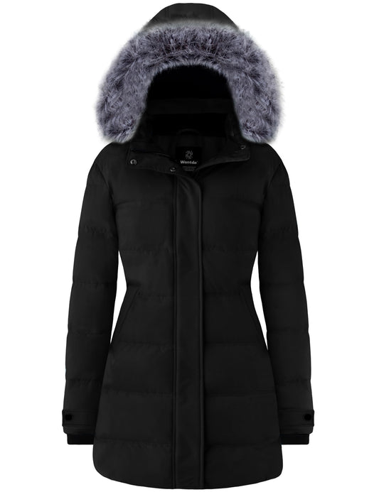 wantdo Women's Plus Size Thickened Parka Coat with Removable Hood Black S