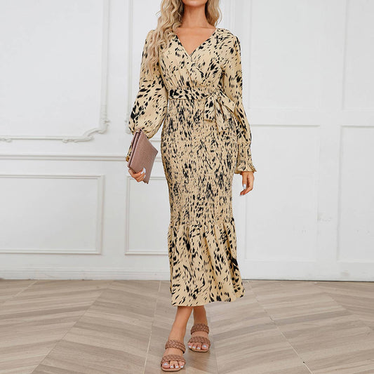 French leopard print V-neck belt print fishtail dress